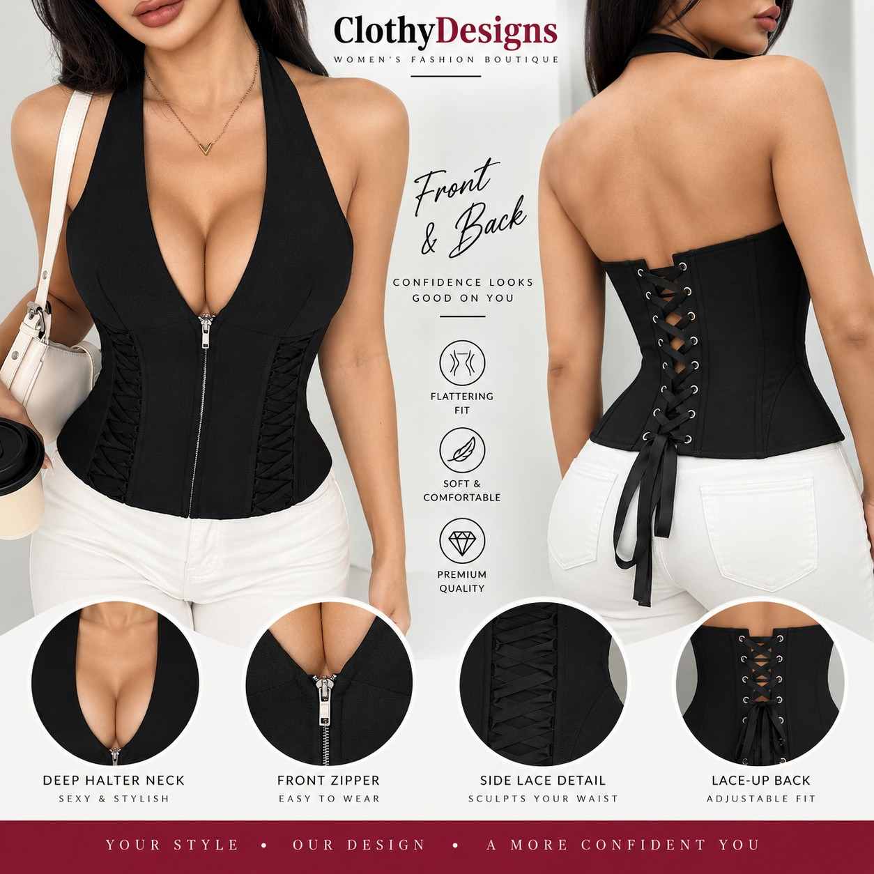 Women’s Halter V-Neck Crop Top – Backless Zipper Detail Rave, Festival & Clubwear Top